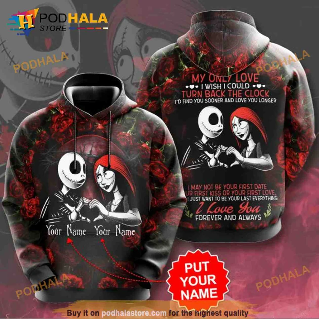 Romantic Jack Skellington And Sally 3d Hoodie With Gothic Rose Design