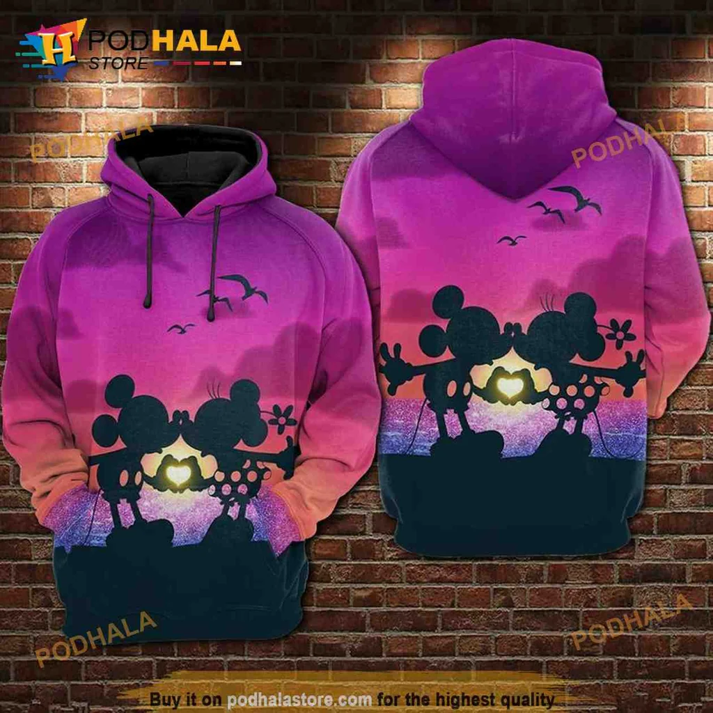 Romantic Mickey And Minnie Mouse 3d Hoodie With Glowing Heart Design