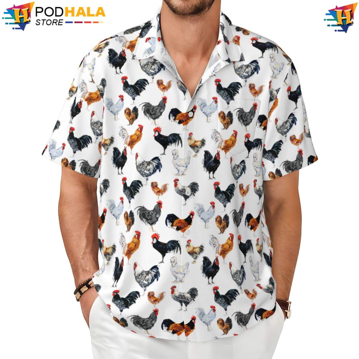 Rooster Novelty Hawaiian Shirt Funny Mens Short Sleeve Button Up Beachwear