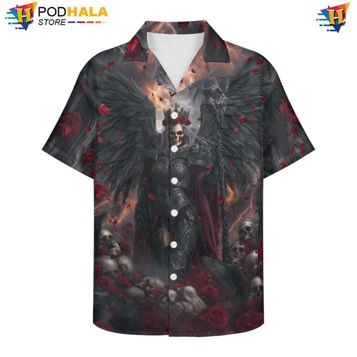 Rose Grim Reaper Hawaiian Shirt Mens Floral Beach Button Down Vacation Top