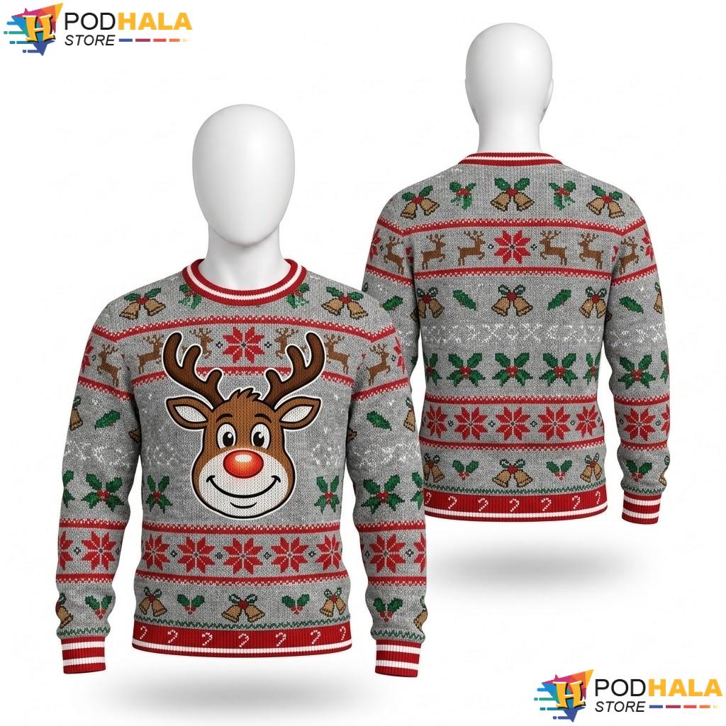Rudolph Light Up Gray Vintage Sweater Funny Holiday Mens Graphic Knit