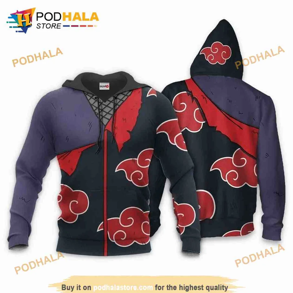 Rugged Akatsuki Sasuke 3d Hoodie With Torn Fabric And Red Cloud Design