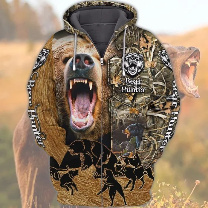Rugged Bear Face Hunting 3d Hoodie With Realistic Roaring Bear Design