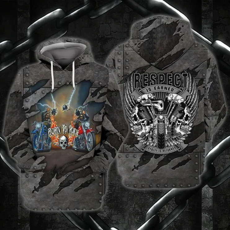 Rugged Biker Skull Flames 3d Hoodie, Born To Ride With Loyalty And Respect Design