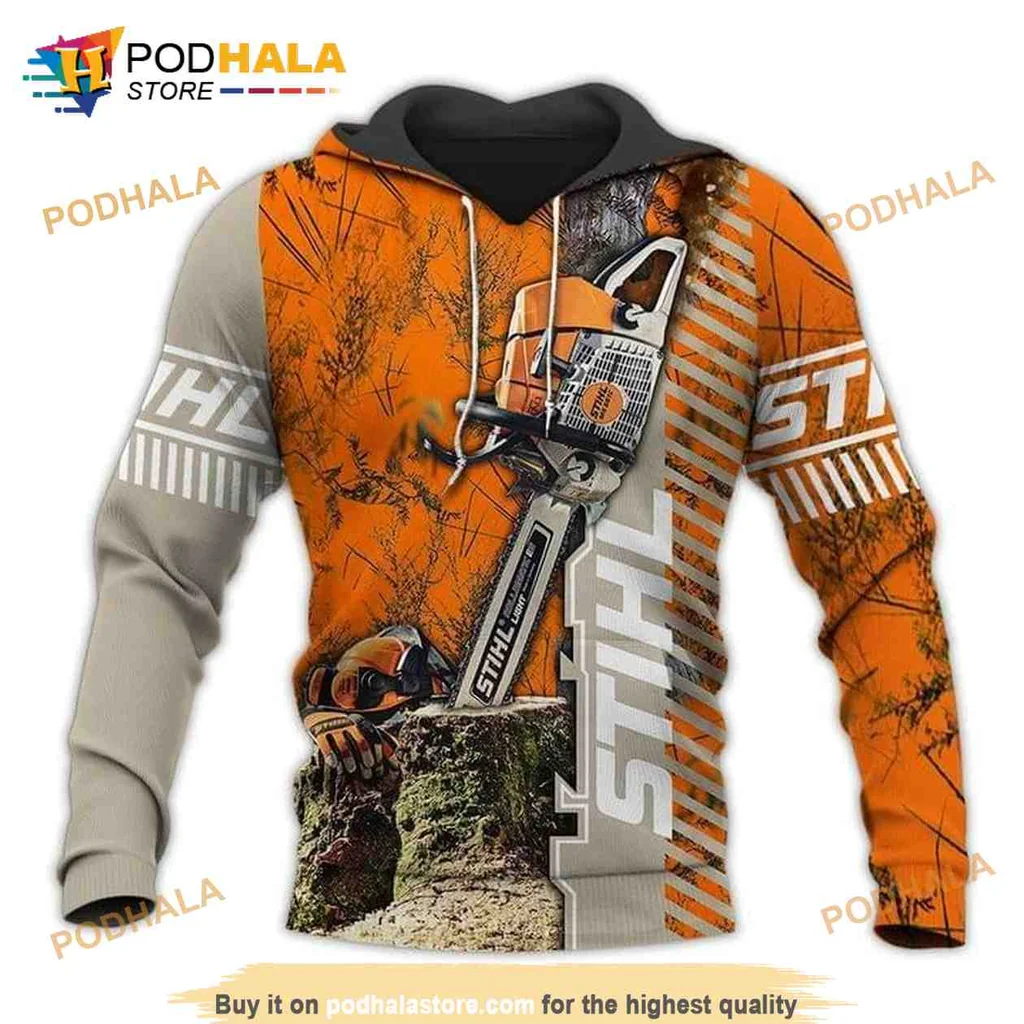 Rugged Chainsaw Hunting 3d Hoodie With Vibrant Orange And Gray Design