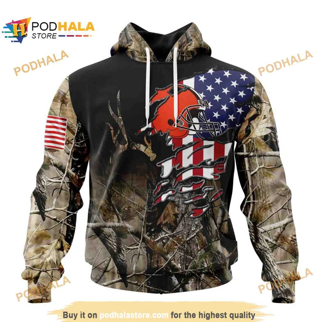 Rugged Cleveland Browns Hunting 3d Hoodie With Camouflage And Flag Design