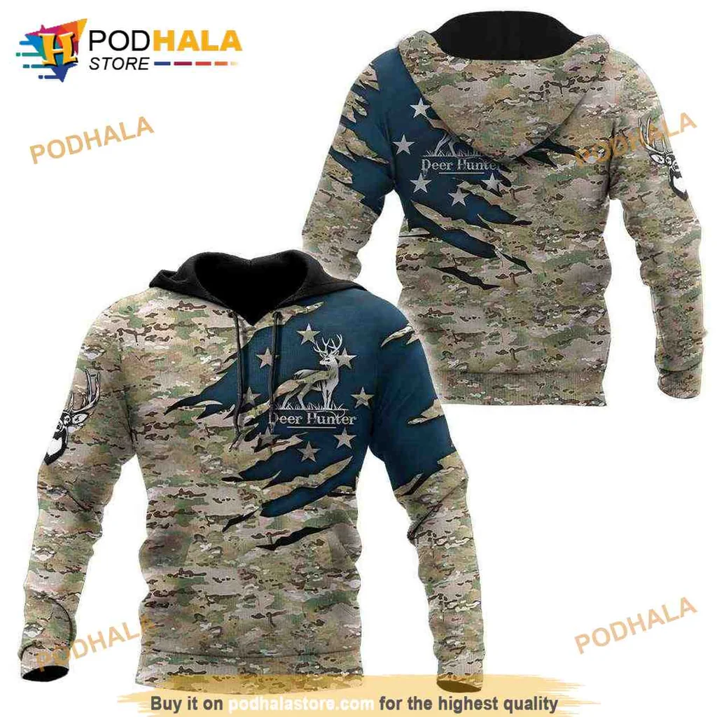 Rugged Deer Hunter Camouflage 3d Hoodie With Outdoor Adventure Design