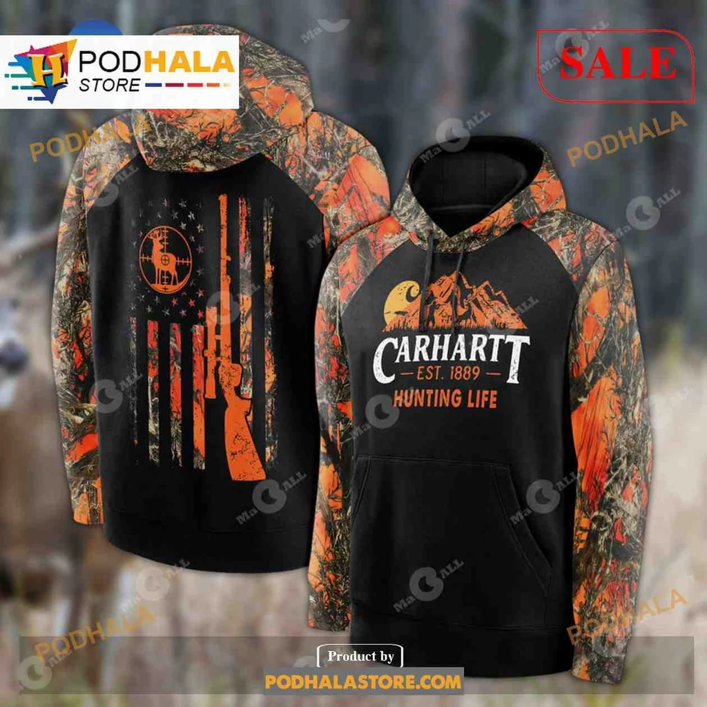 Rugged Hunting Camouflage 3d Hoodie With Rifle Graphic And Carhartt Branding