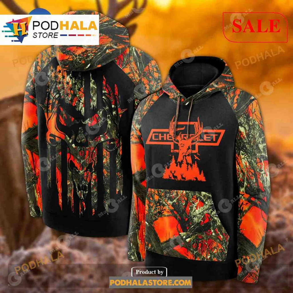 Rugged Hunting Skull Camouflage 3d Hoodie With Orange Accents For Outdoor Adventures