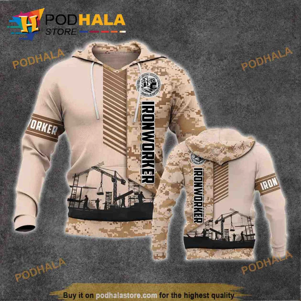 Rugged Ironworker Camouflage 3d Hoodie With Construction Cranes Design