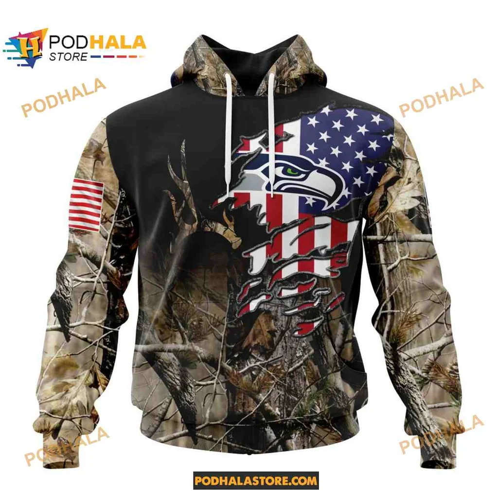 Rugged Seattle Seahawks Camouflage Hunting Hoodie With American Flag Design