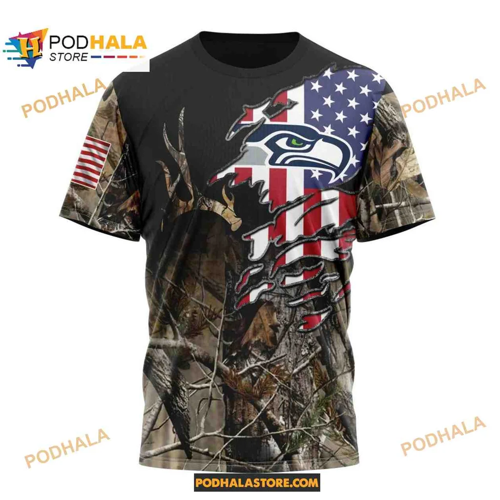 Rugged Seattle Seahawks Camouflage Hunting Hoodie With American Flag Design - View 2 Rugged Seattle Seahawks Camouflage Hunting Hoodie With American Flag Design - View 2