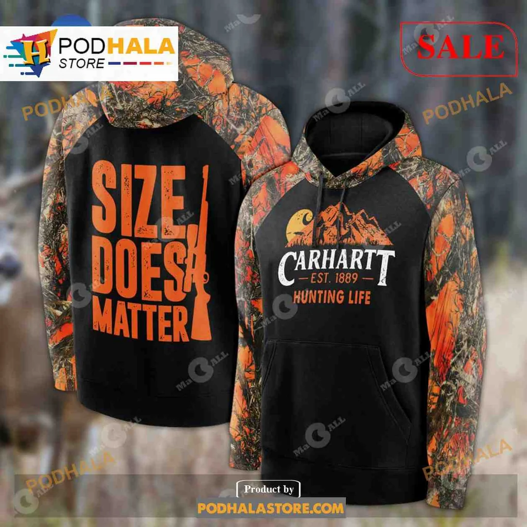Rugged Size Does Matter Hunting Hoodie With Camouflage Sleeves And Rifle Graphic