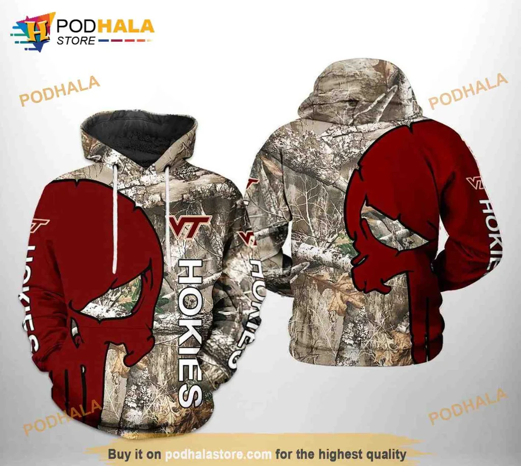 Rugged Virginia Tech Hokies Camo 3d Hoodie With Bold Skull Graphic