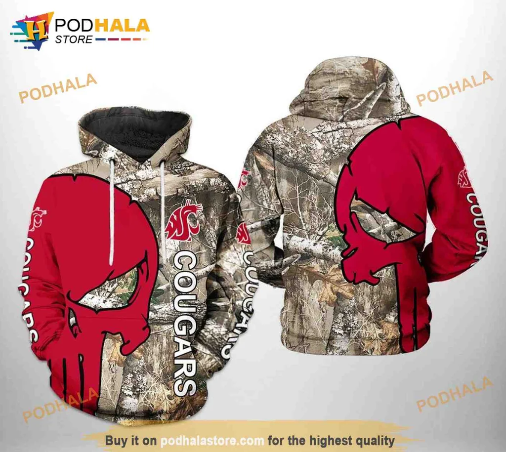 Rugged Washington State Cougars Camo 3d Hoodie With Bold Skull Design