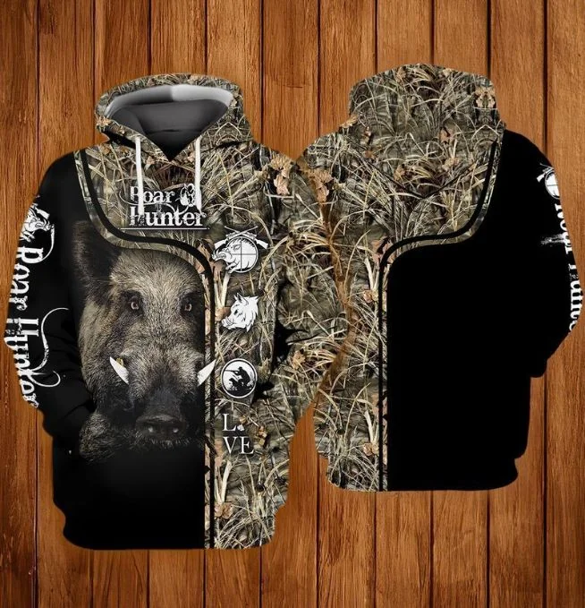 Rugged Wild Boar Hunting 3d Hoodie With Camouflage Design