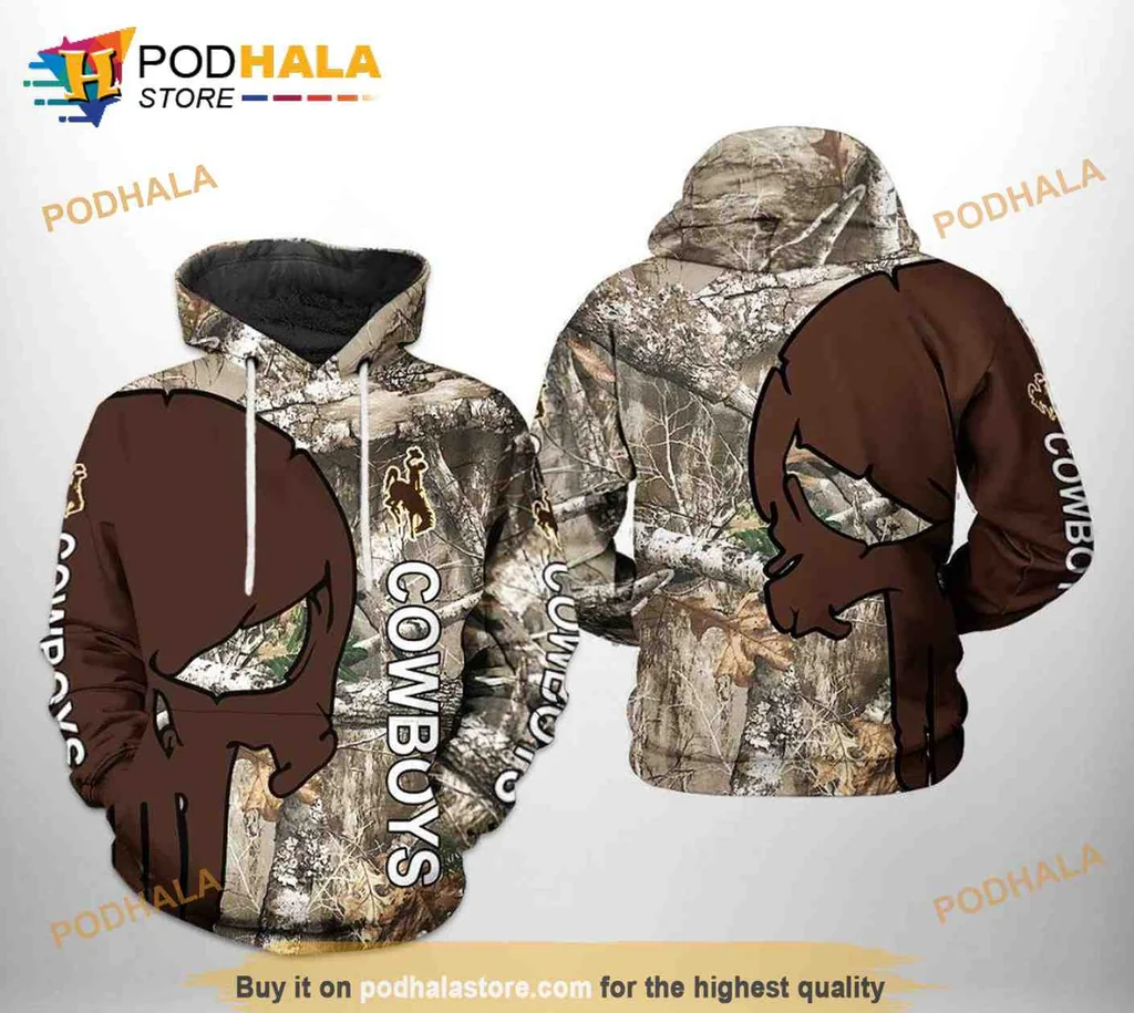 Rugged Wyoming Cowboys Skull 3d Hoodie With Camo Design