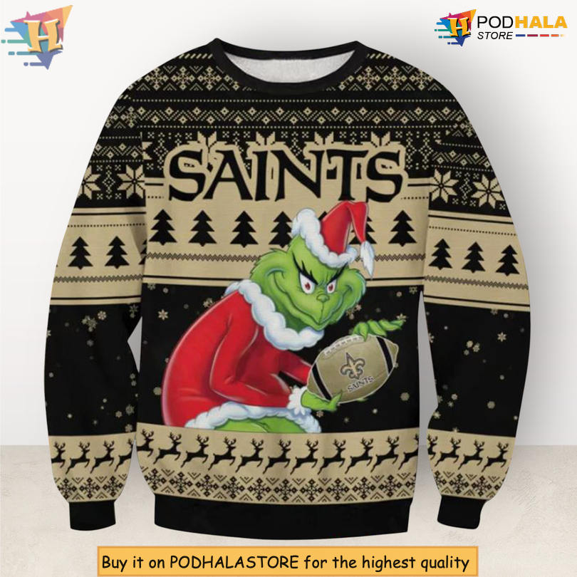 Saints Grinch NFL Team Humor Edition Festive Holiday Ugly Christmas Sweater