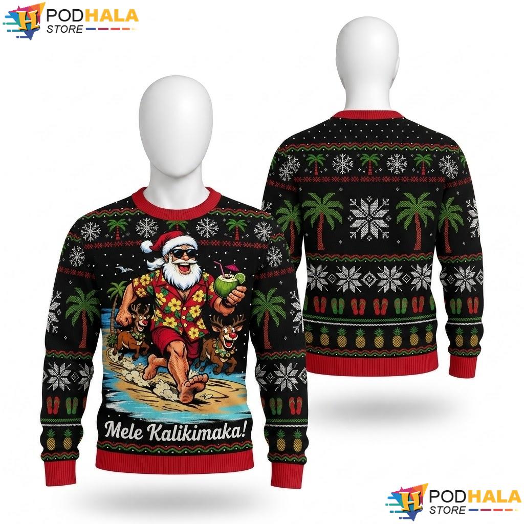 Santa Beach Aloha Ugly Sweater Vibrant Tropical Xmas Holiday Pullover