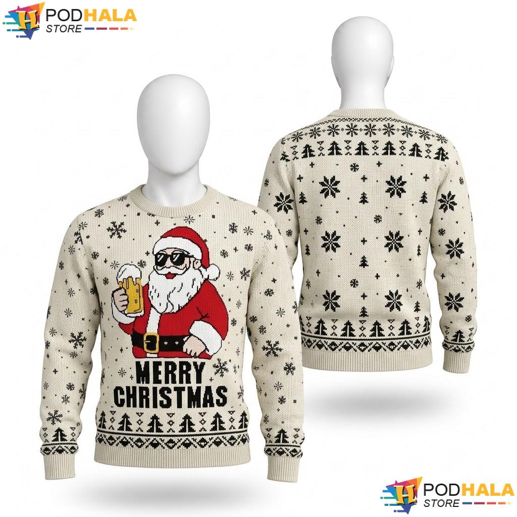 Santa Beer Beige Ugly Christmas Sweater Humorous Merry Long Sleeve