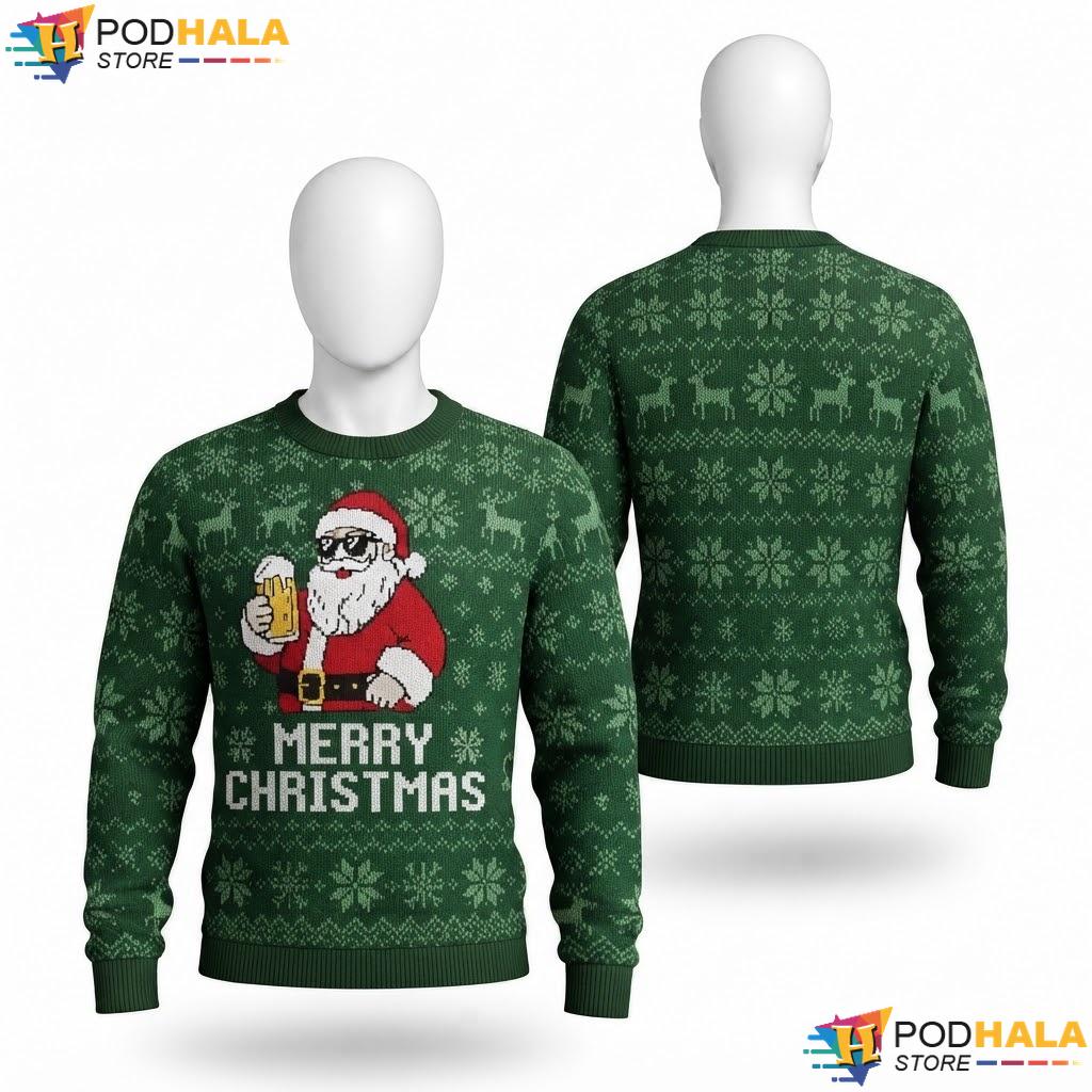 Santa Beer Green Christmas Sweater Festive Merry Holiday Mens Outfit