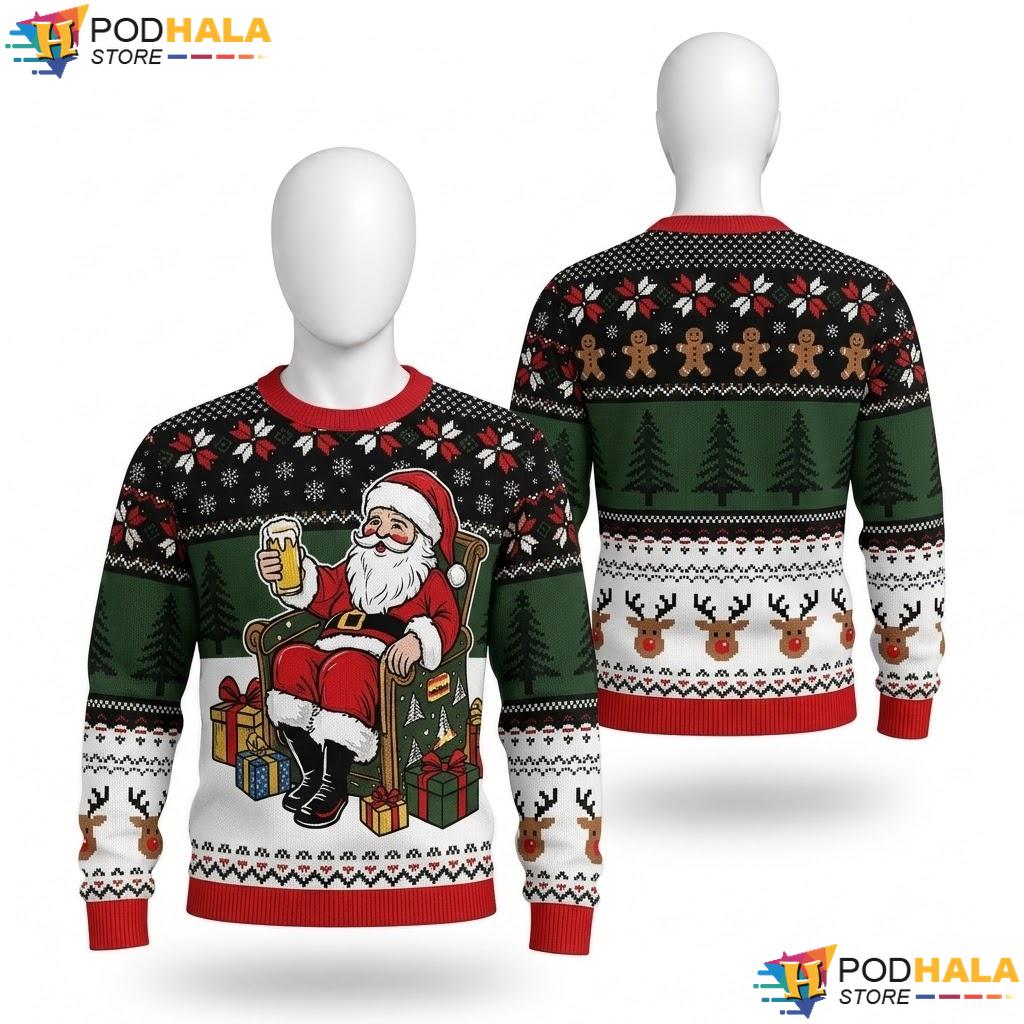 Santa Beer Jolly Ugly Christmas Sweater Playful Festive Holiday Knit