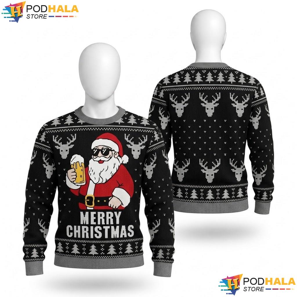 Santa Beer Reindeer Vintage Xmas Sweater Retro Jolly Funny Pullover