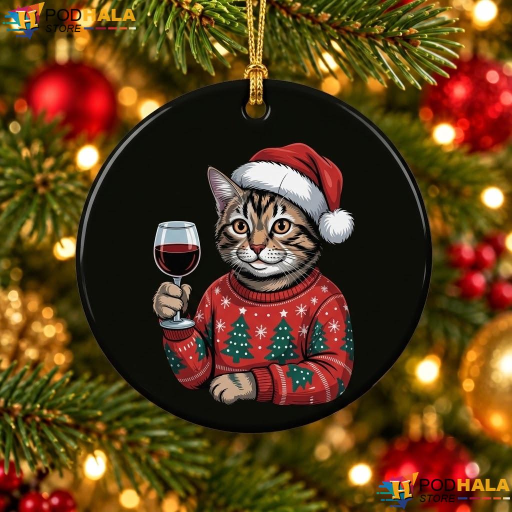 Santa Cat Drinking Wine Christmas Ornament Funny Pajama Holiday Decor