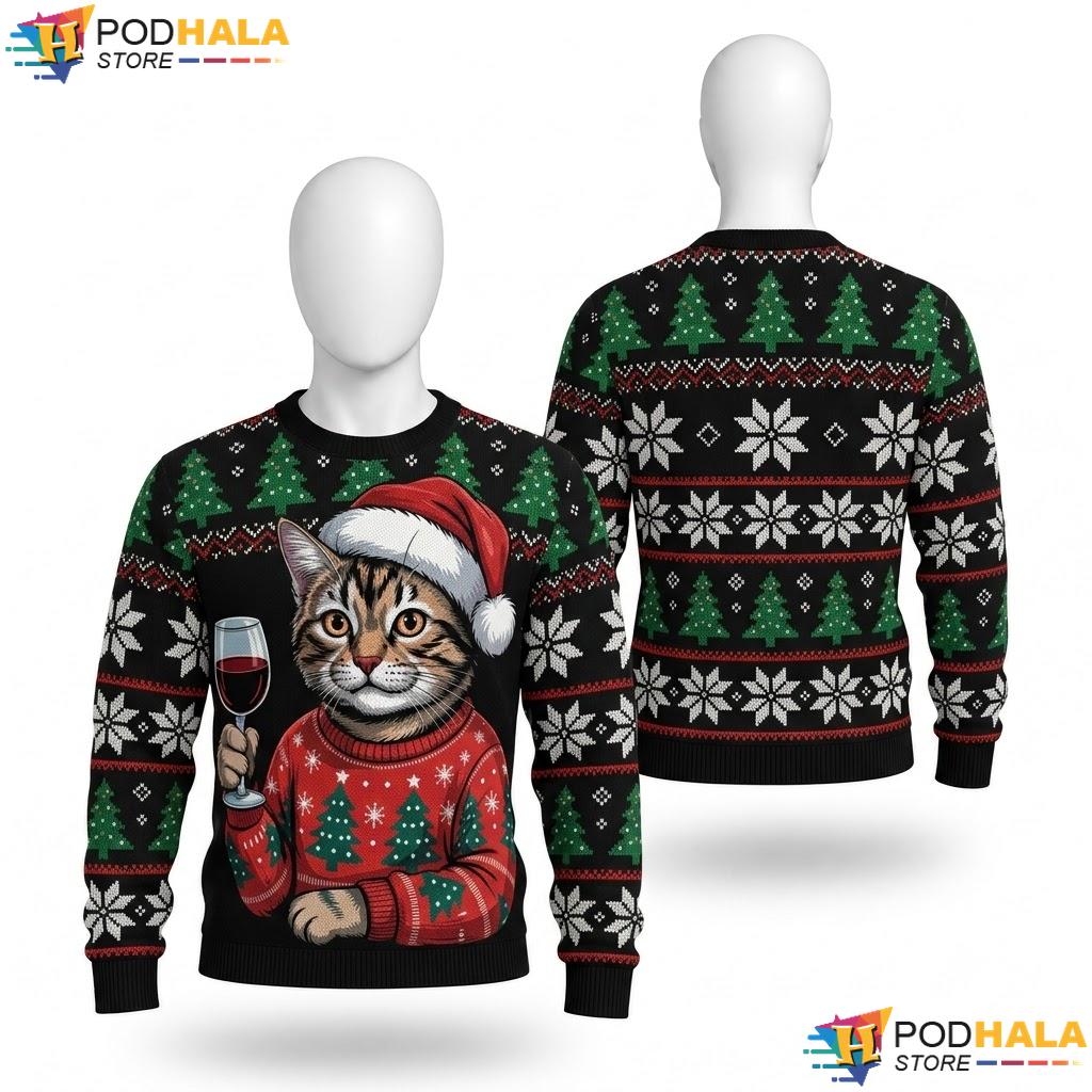 Santa Cat Drinking Wine Ugly Christmas Sweater Funny Pajama Xmas Top