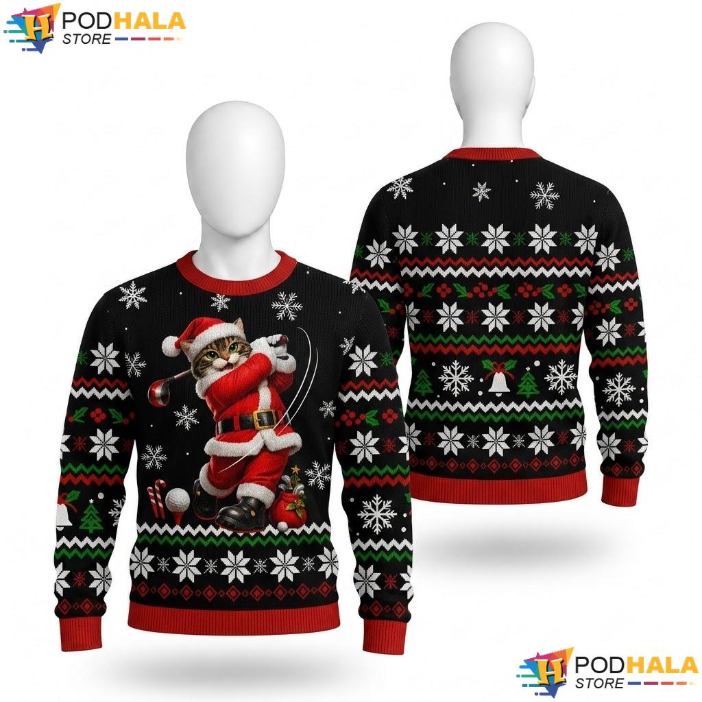 Santa Cat Ugly Christmas Sweater Funny Holiday Lovers Graphic Outfit