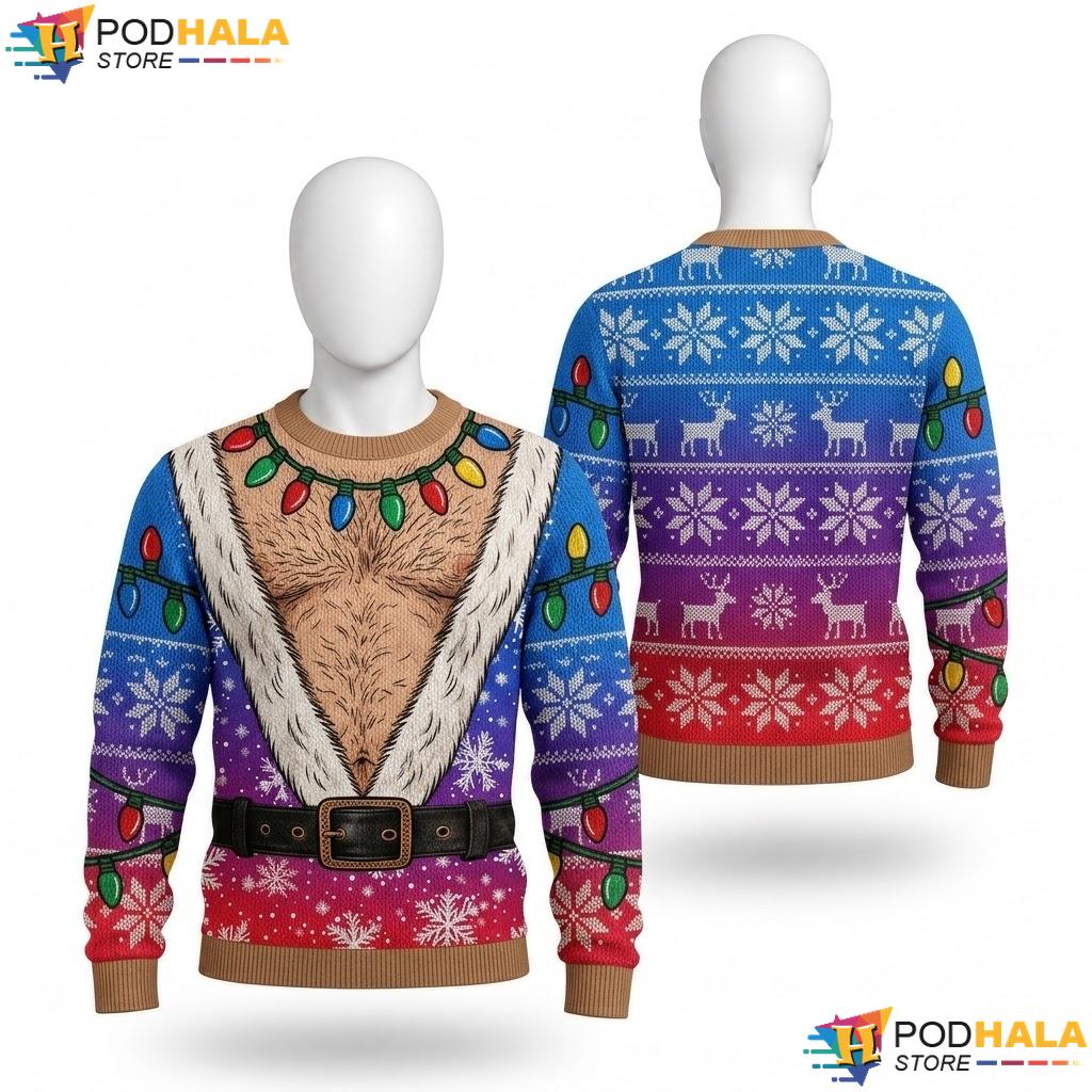 Santa Chest Colorful Lights Ugly Xmas Sweater Playful Christmas Outfit