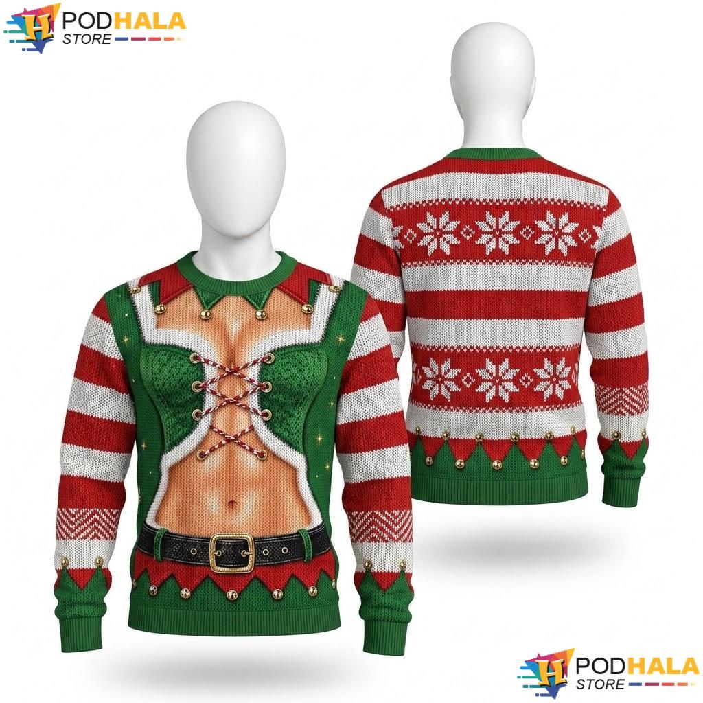 Santa Chest Funny Vintage Ugly Xmas Sweater Holiday Mens Graphic Top