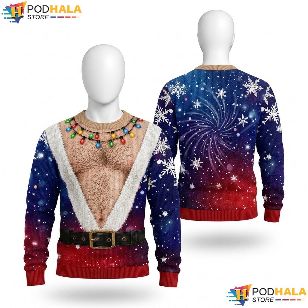 Santa Chest Hairy Vintage Christmas Sweater Funny Lights Holiday Knit
