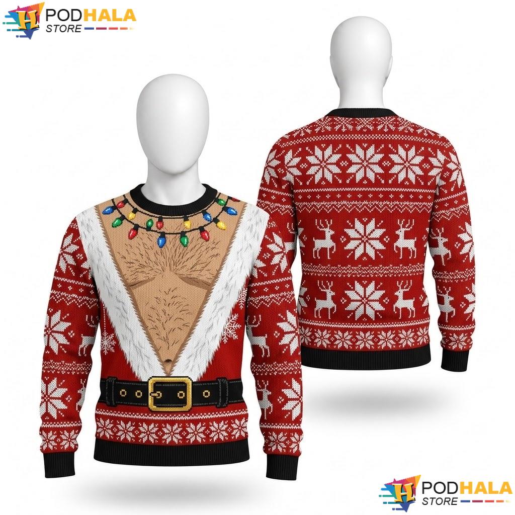 Santa Chest Hairy Vintage Xmas Sweater Funny Lights Holiday Mens Top