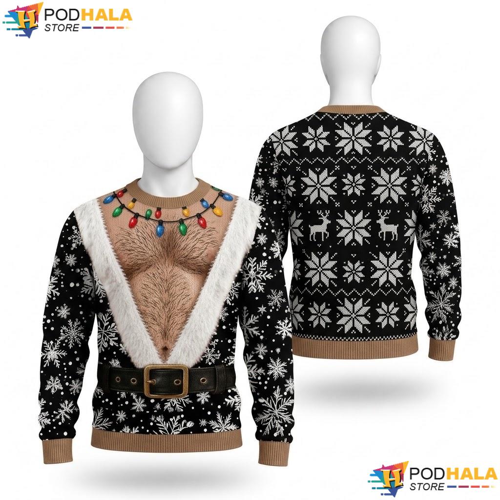 Santa Chest Lights Vintage Xmas Sweater Funny Holiday Graphic Pullover