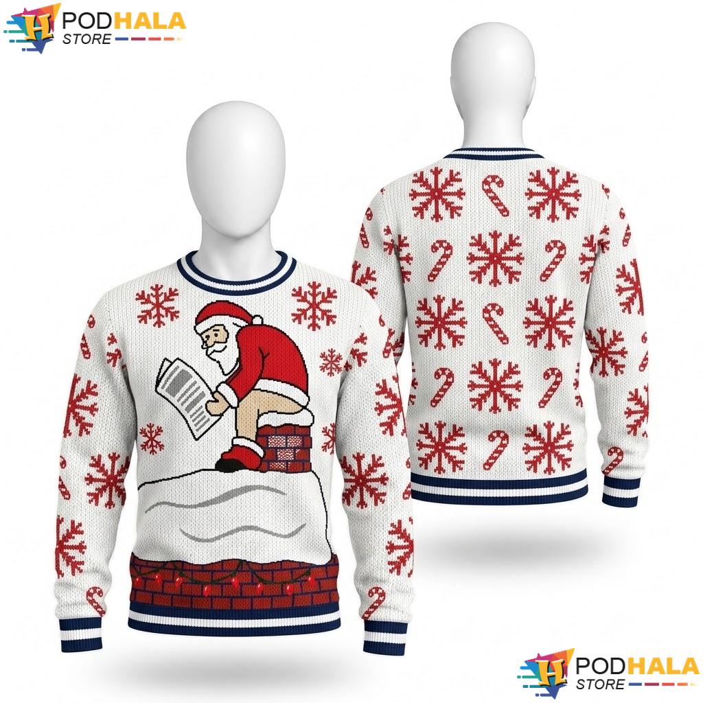 Santa Chimney Pooping Blue Ugly Christmas Sweater Funny Xmas Mens Top