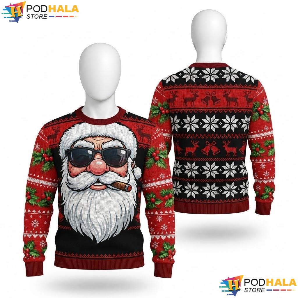 Santa Cigar Festive Ugly Xmas Sweater Humorous Funny Holiday Pullover
