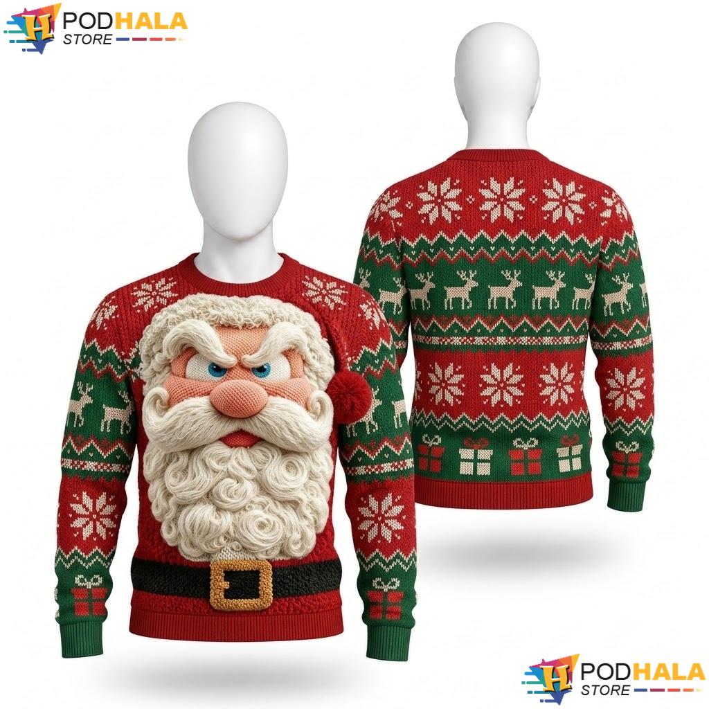 Santa Claus Holiday Ugly Christmas Sweater Playful Funny Red Mens Knit