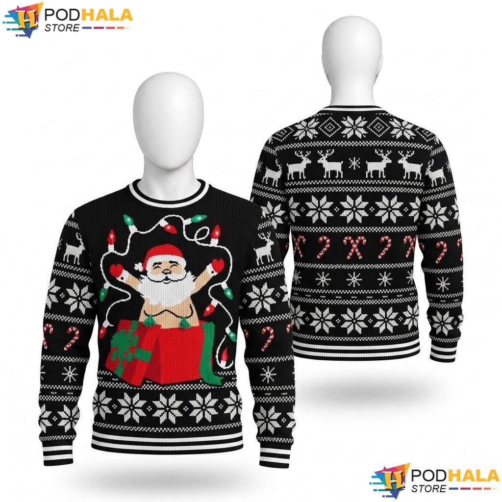 Santa Claus Lights Ugly Sweater Festive Black Christmas Winter Knit