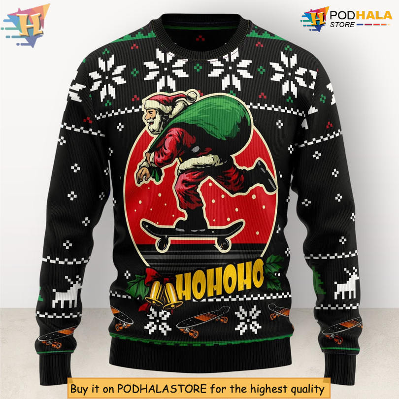 Santa Claus Skateboard Cool Winter Ride Design Festive Holiday Christmas Sweater