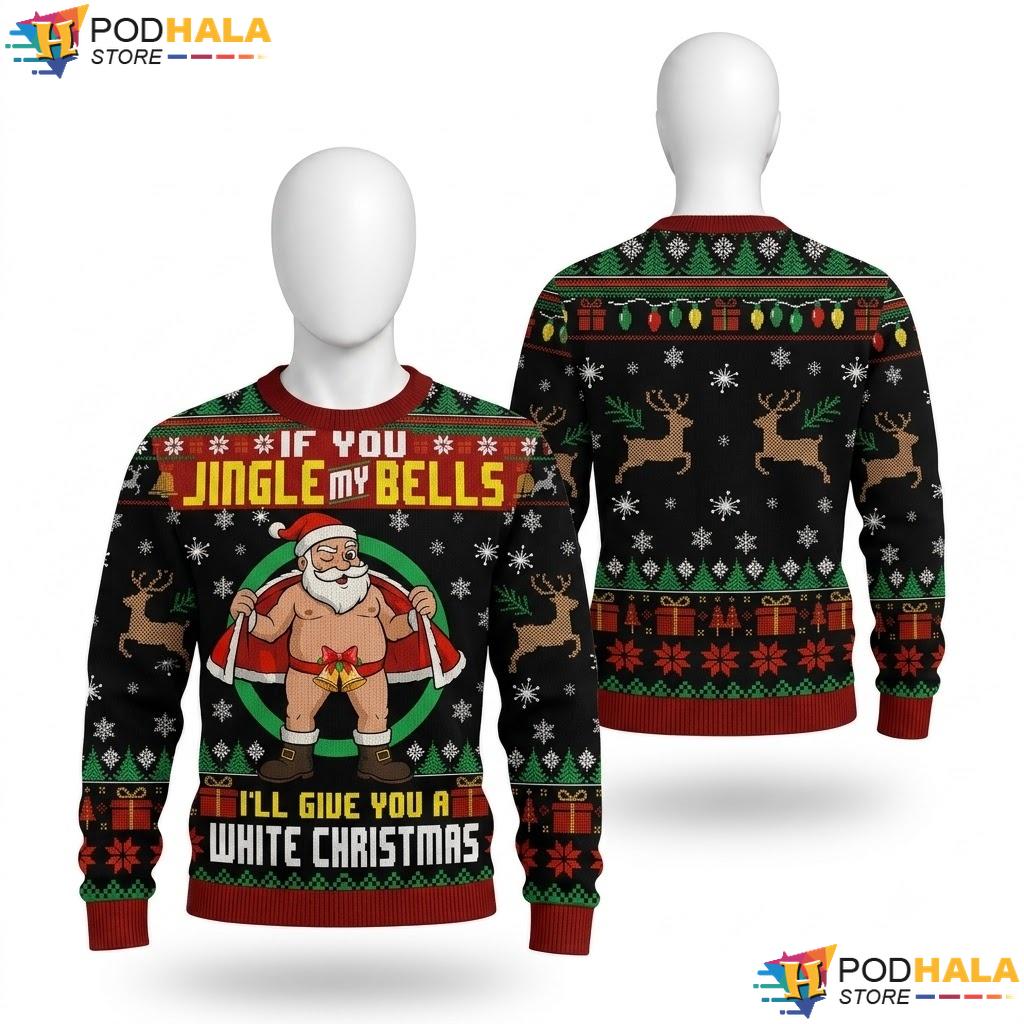 Santa Claus White Playful Ugly Christmas Sweater Jingle My Bells Xmas