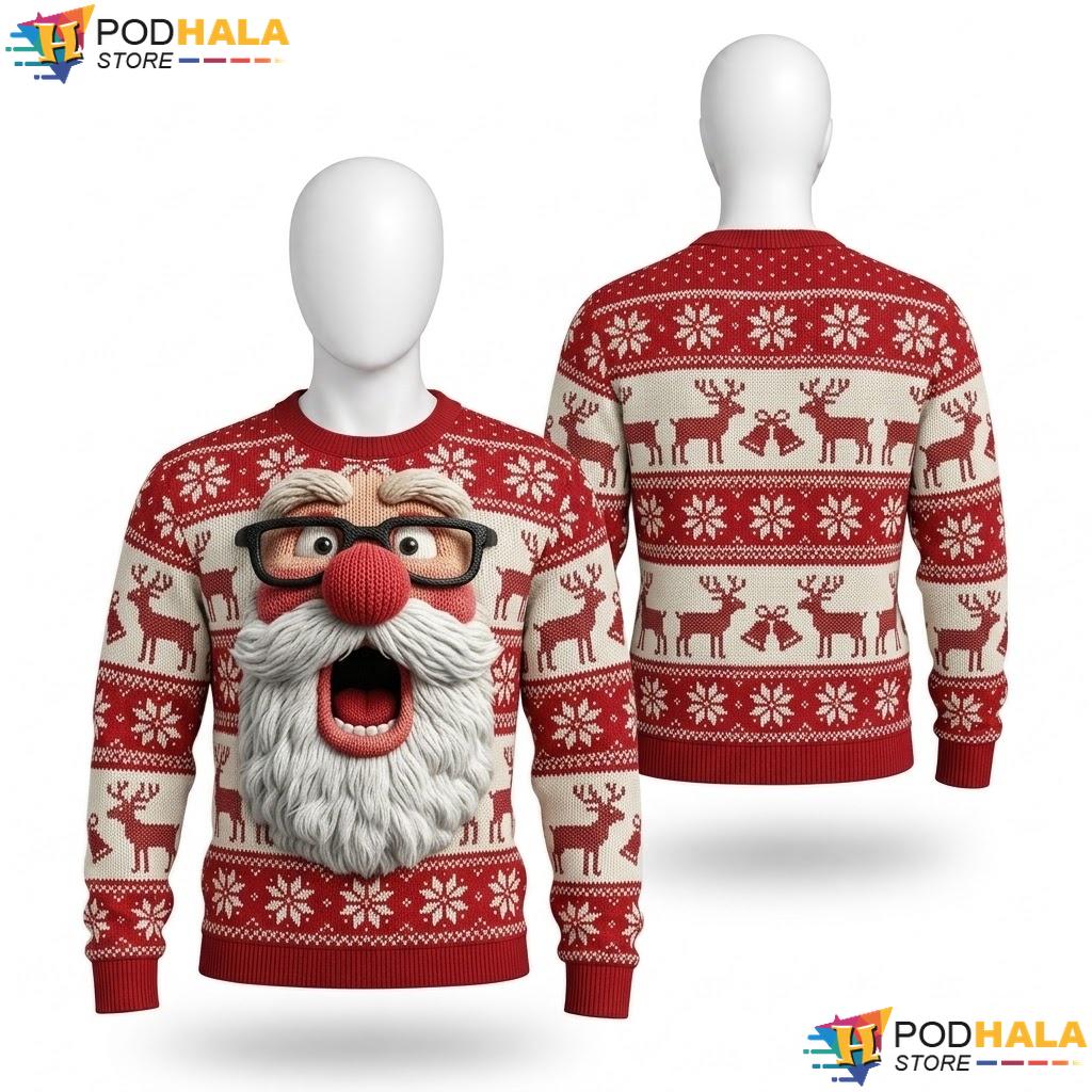 Santa Face Cartoon Ugly Xmas Sweater Festive Red Holiday Party Wear