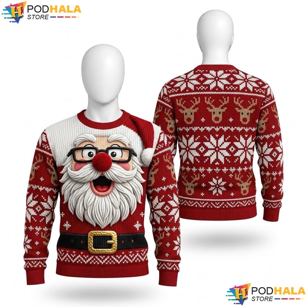 Santa Face Funny Ugly Xmas Sweater Whimsical Holiday Mens Winter Knit
