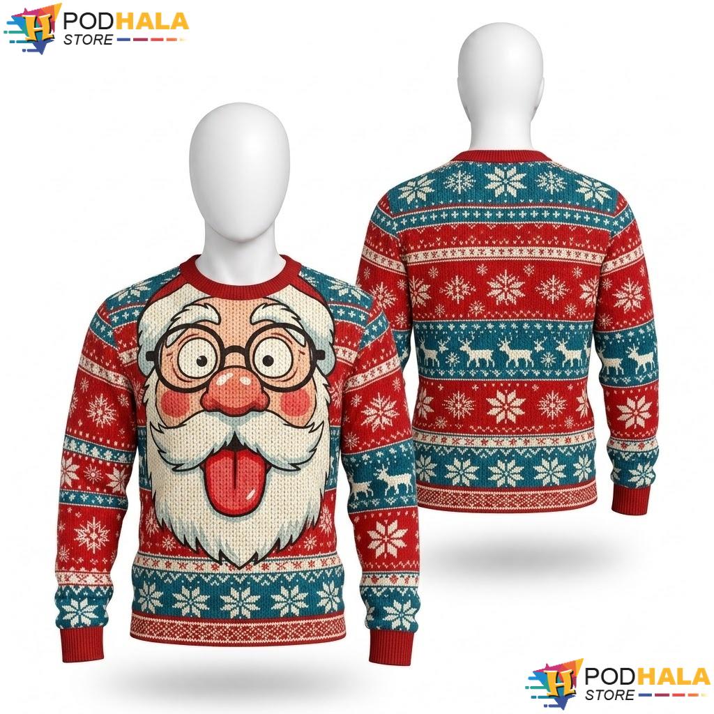 Santa Face Red Christmas Sweater Funny Cheerful Holiday Mens Pullover