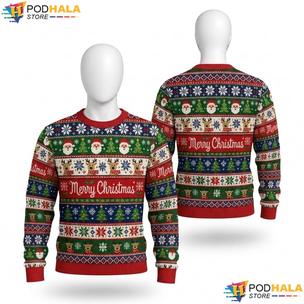 Santa Faces Graphic Ugly Sweater Merry Christmas Festive Holiday Top