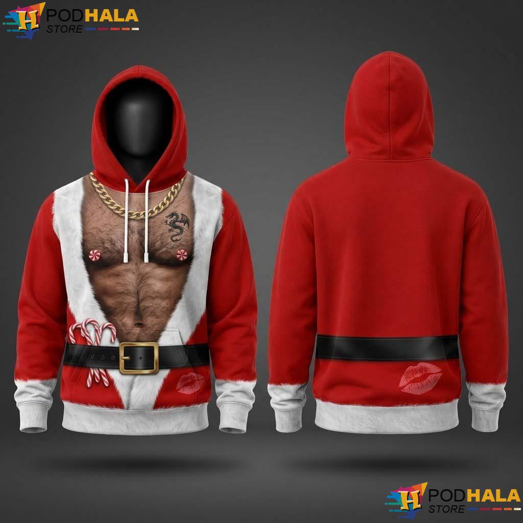 Santa Fake Abs Hairy 3D Hoodie Funny Ugly Christmas Holiday Party Gift