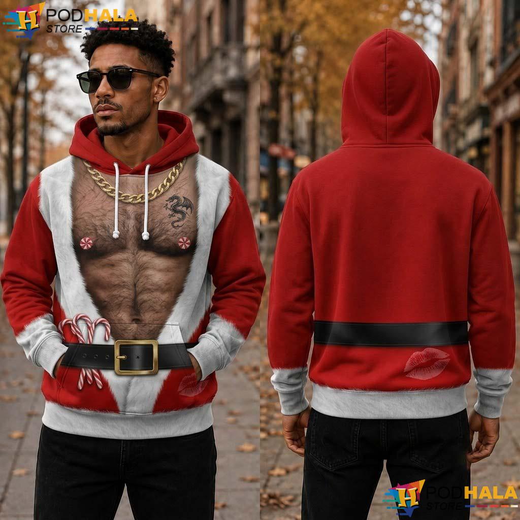 Santa Fake Abs Hairy All Over Print Hoodie Funny Ugly Christmas Holiday Party Gift Santa Fake Abs Hairy All Over Print Hoodie Funny Ugly Christmas Holiday Party Gift