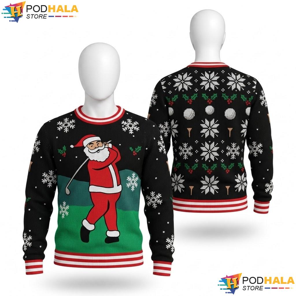 Santa Golf Black Ugly Christmas Sweater Funny Mens Holiday Winter Wear