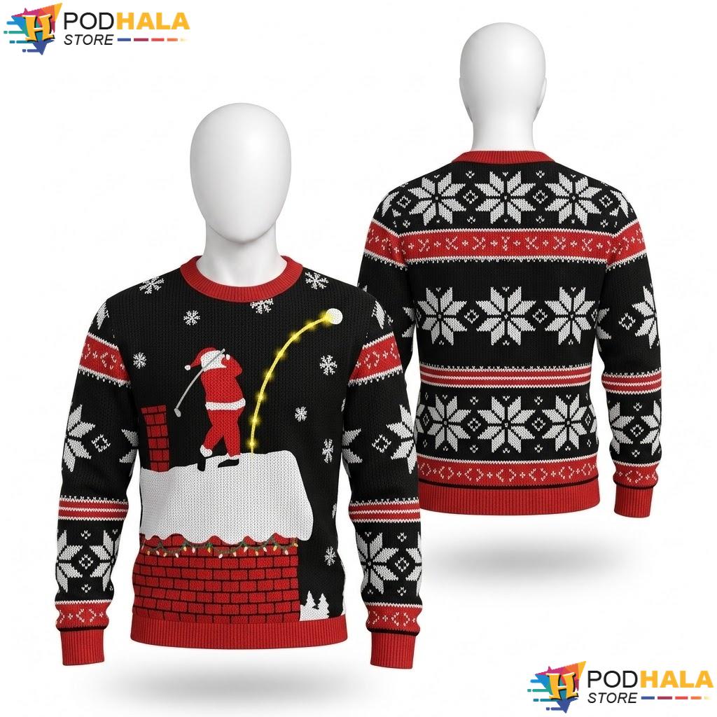 Santa Golf Light Up Xmas Sweater Multicolored Ugly Mens Party Knit