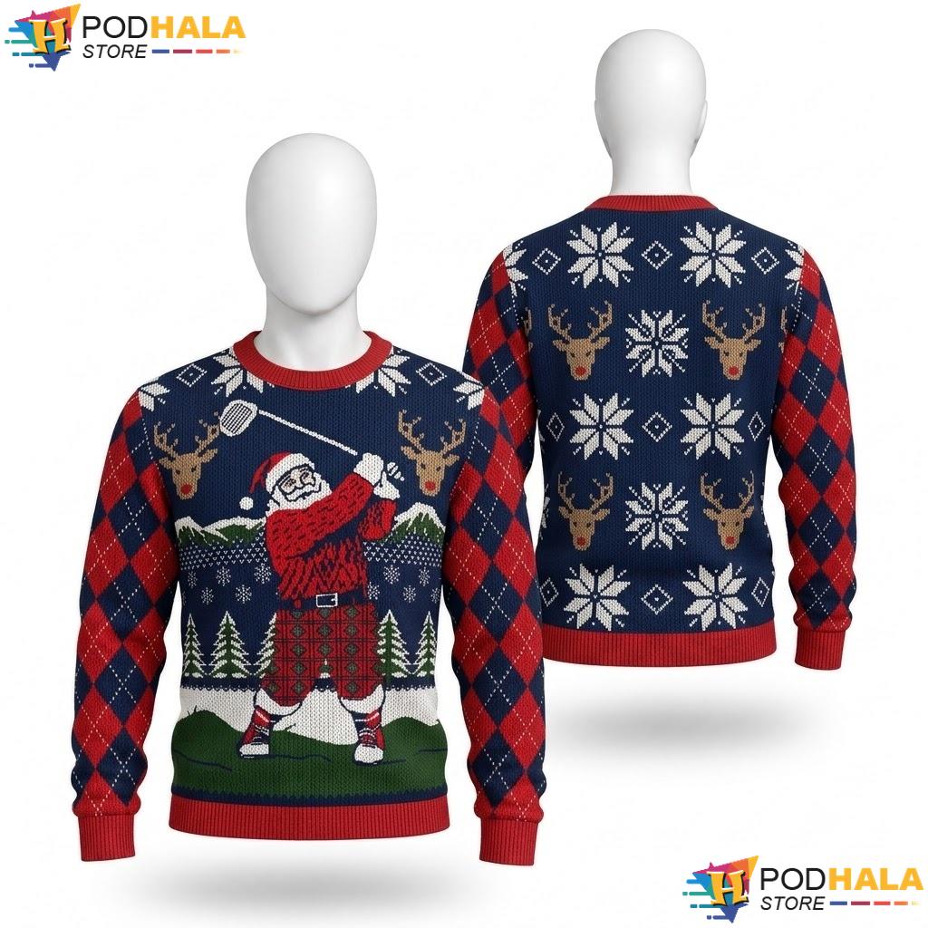 Santa Golfer Navy Ugly Sweater Cool Reindeer Festive Holiday Outfit